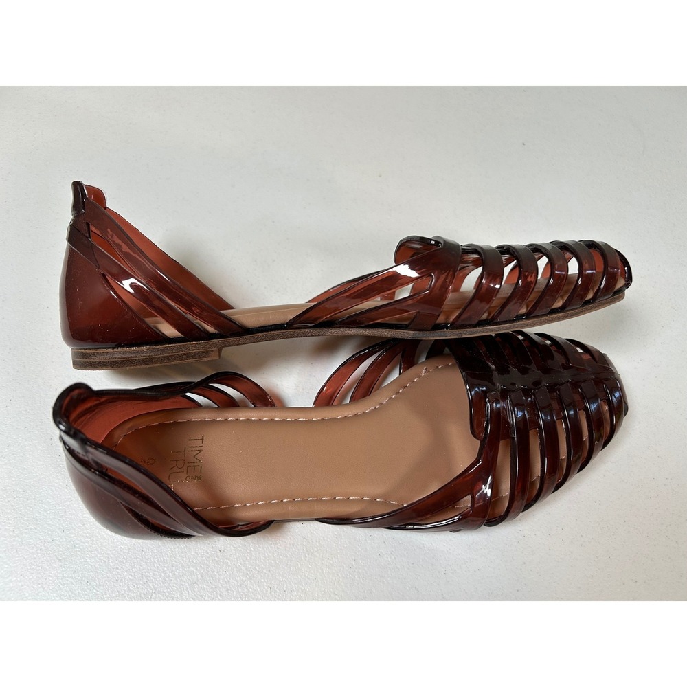 Time and Tru Sandals Women's 9 Brown Jelly Huarache Cage Flat Shoes - Picture 3 of 5